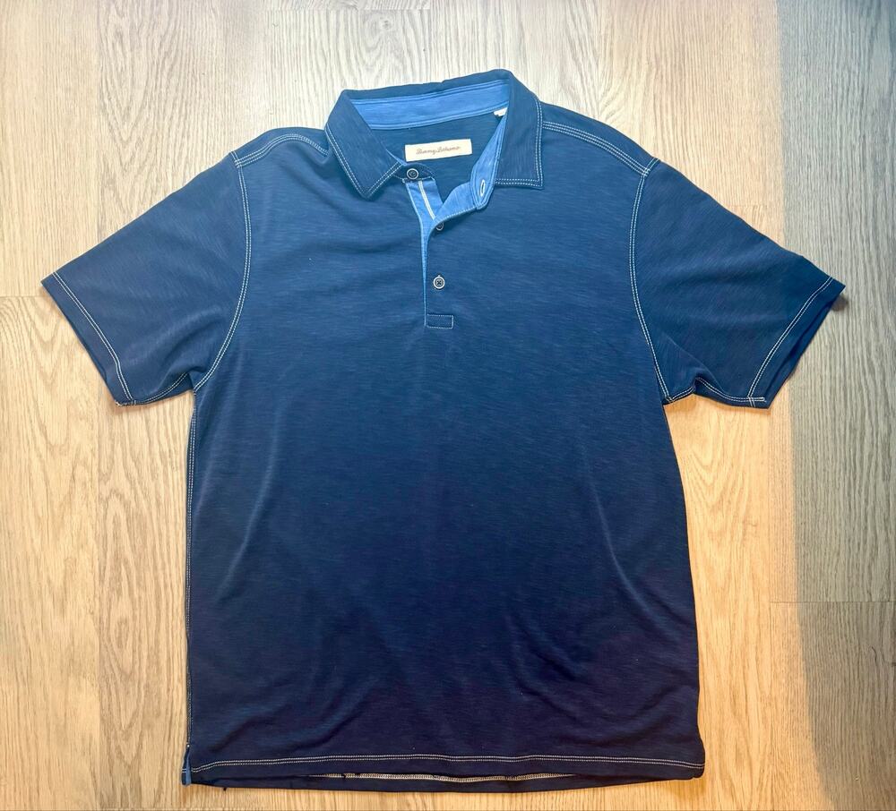 Tommy Bahama Men’s Navy Blue Polo Shirt – Contrast Stitching–Casual Resort Style